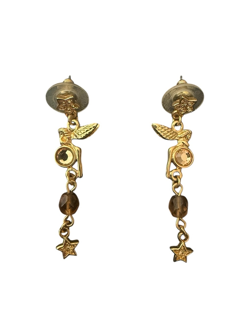 NOS Kirks Folly Fairy Gold Tone Crystal Dangling Earrings Vintage W/ Box & Pouch